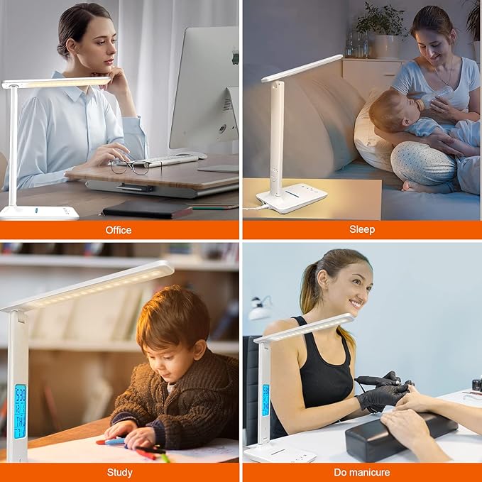 Desk Lamp with Wireless Charger, USB Charging Port, Dimmable Office Desk Light with Clock, Alarm, Date, Temperature, Foldable Lamp for Table Bedroom Bedside Office (White)