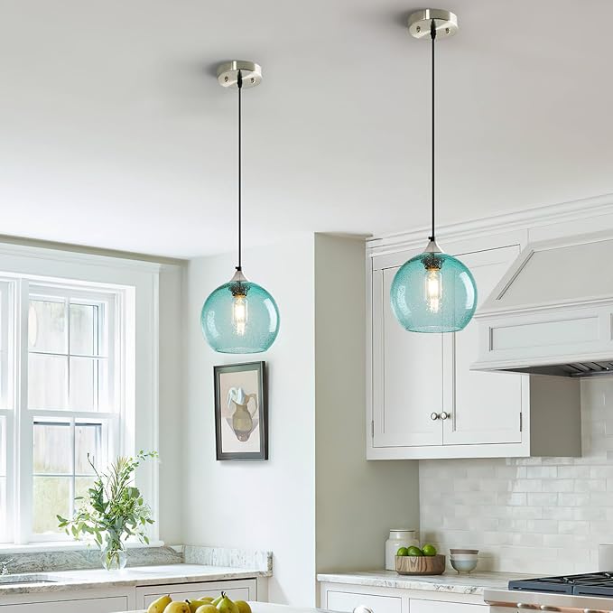 Light Blue Glass Pendant Lights Kitchen Island Lighting Globe Pendant Light Fixtures Modern Pendant Lighting for Bedroom Living Dining Room Light Fixture (7.87 in, 3 Pack)