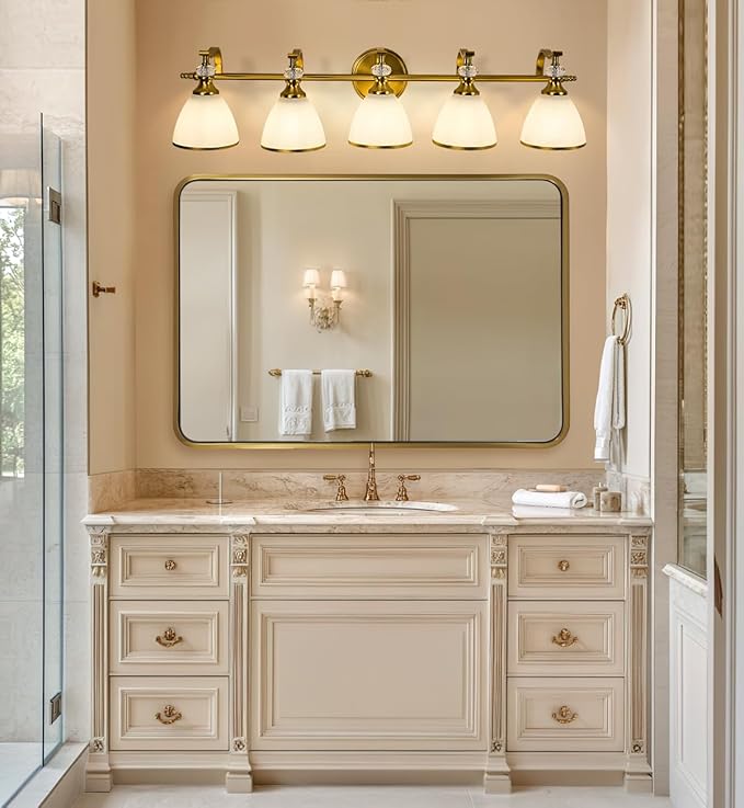 ANDY STAR Gold Bathroom Light Fixture, 5-Light Bathroom Wall Sconces, 35 inch Brass Vanity Light with Milky White Frosted Glass Shade, Large Vintage Wall Lights for Spacious Rooms