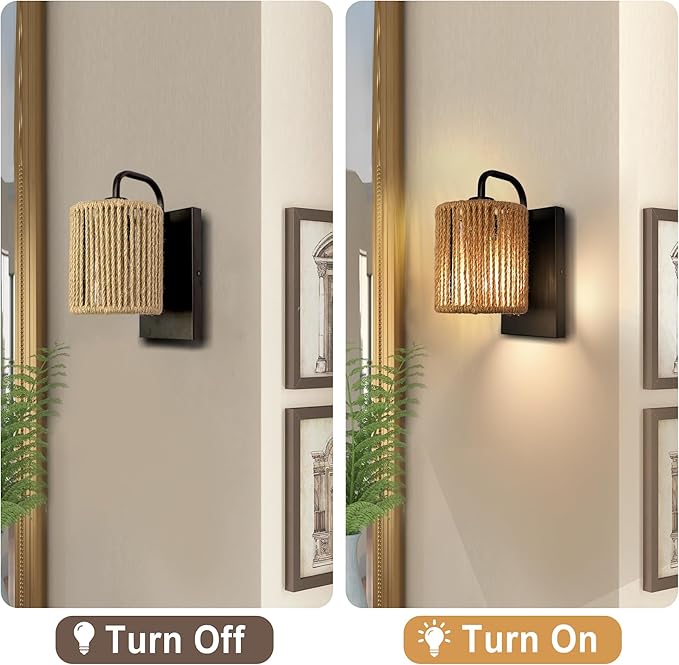 Boho Wall Sconce, Rattan Wall Light Fixtures with Hemp Rope Sconces for Living Room Bathroom Hallway Rustic Bohemian Modern Woven Scocne E26 10inch