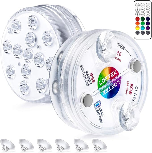 LOFTEK Submersible LED Lights with Remote, 13 LED Pool Lights for Inground Above Ground Pool with Magnets &Suction Cups,16 Color Changing Underwater Light for Ponds Battery Operated, 2 Pack