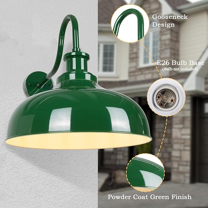 Outdoor Gooseneck Barn Lights, 16 Inch Dome Rustic Outdoor Wall Sconces, Farmhouse Exterior Wall Mount Lighting Fixture, Industrial Green Wall Lantern for Porch, Entryway, Garage, RZ007L-2 GR+WH