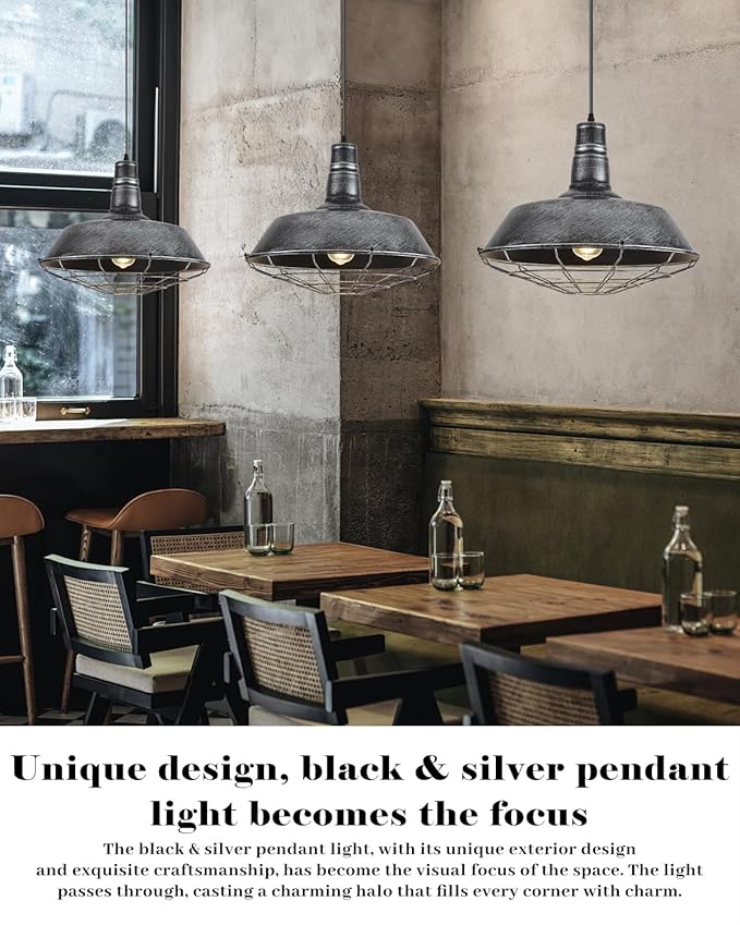 Large Pendant Lights Kitchen Island 1 Pack, 18.1 Inch Oversized Industrial Pendant Light, Black and Silver Barn Pendant Light with Wire Cage, Farmhouse Pendant Lights for Kitchen Barn