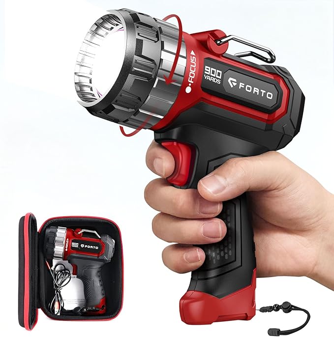 FORTO Compact Rechargeable Spotlight with Adjustable Focus, Handheld Spot Light with Stand, 823m Range, 3 Light Modes and LED Spot Lights Outdoor for Boating Hunting Camping Hiking