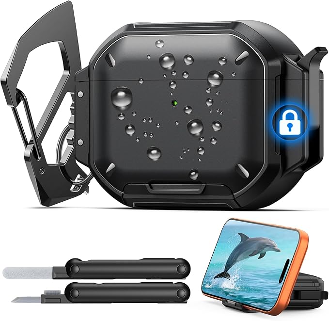MoKo for AirPods Pro 3 Case with Secure Lock - IP68 Waterproof Case for iPods Pro 3, Military-Grade Protective Cover Earpods Pro 3 with Keychain, Phone Stand & Cleaner Kit, Black