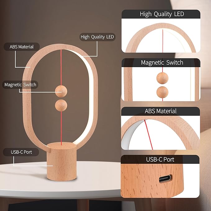Magnetic Lamp - USB-Powered LED Table Lamp with Floating Design- - Perfect for Home, Office, Dormitory, Hotel and Living Room（Wood）