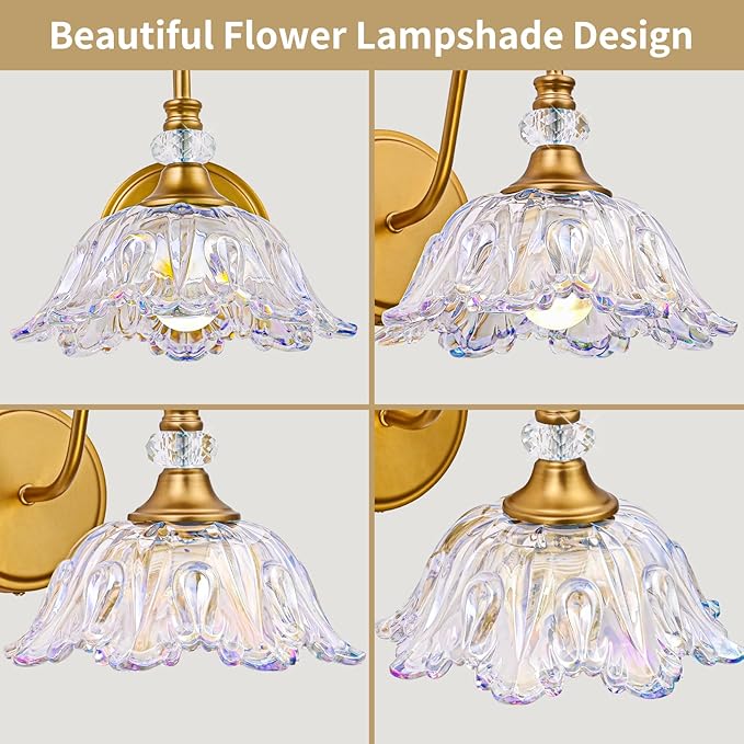 1 Piece Vintage Wall Sconce with Floral Rainbow Glass Shade, Matte Brass Finish Wall Mount Lighting for Bathroom,Vintage Bathroom Vanity Light Fixtures