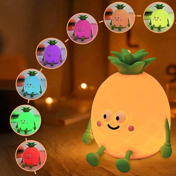 Pineapple Night Light,USB Rechargeable Touch Control Lamp with 7-Color RGB & 30-Min Timer, 3-Level Dimmable Anti-Blue Light Bedside Lamp for Kids Adults Home Party Camping