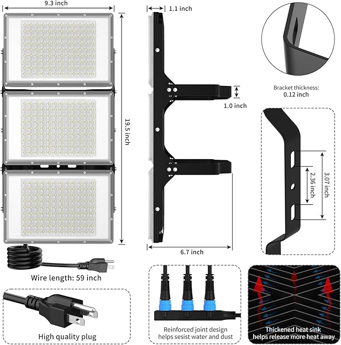 600W LED Flood Light 6000K Daylight White 60000LM, Wider Lighting Angle, IP66 Waterproof for Commercial Parking Lot Lights, for Yard Street Stadium Outdoor Area Floodlight Bright Security Lights