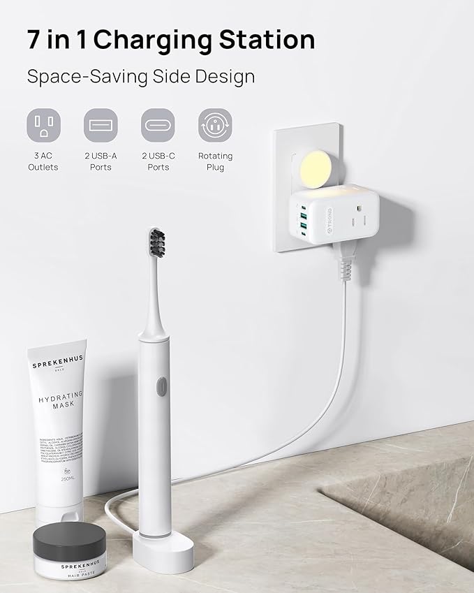 TROND Outlet Extender with 360 Rotating Plug, 3 AC Outlet Splitter with 2 PD 20W USB C Charger, USB Wall Plug Adapter, A Small Charging Station for Kitchen Bathroom Cruise Ship Travel Essentials