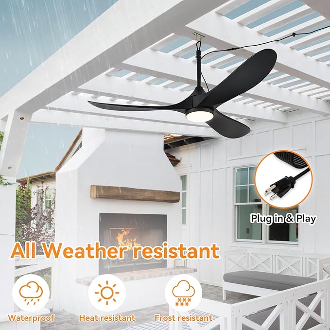 Outdoor Ceiling Fan with Light Waterproof - Plug in Hanging Hook for Patio, Porch, Gazebo - 42 inch Wet Rated Weatherproof Exterior Black 3 Blades Ceiling Fan with Remote