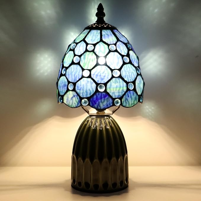 Tiffany Lamp Stained Glass Mushroom Table Lamps 6X6X12.5 Inch Blue Ripple Pearl Style Small Night Light Ceramic Base Mini Accent Desk Light Suitable for Bedside Table Bedroom Children Room