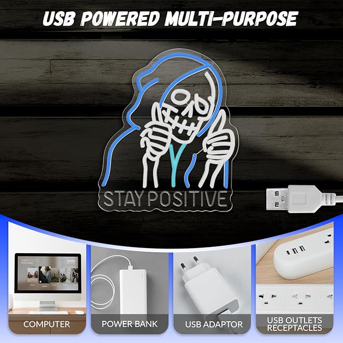 STAY POSITIVE Neon Sign Wall Decor, Motivational Skeleton‌ Lights up, Inspirational LED Sign Halloween Party Decorations for Man Beer Bar Man Cave Pub Garage Workshop