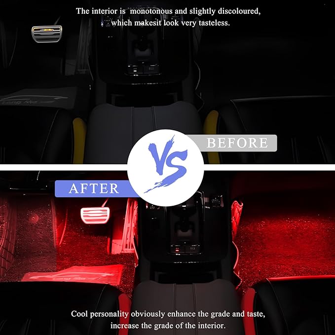 Car LED Strip Light, 12V 24 LEDs Auto Interior Atmosphere Lamp with Cigarette Adapter Plug, Vehicle Under Dash Ambient Neon Night Light Decorative Strip, Car Accessories (Red)