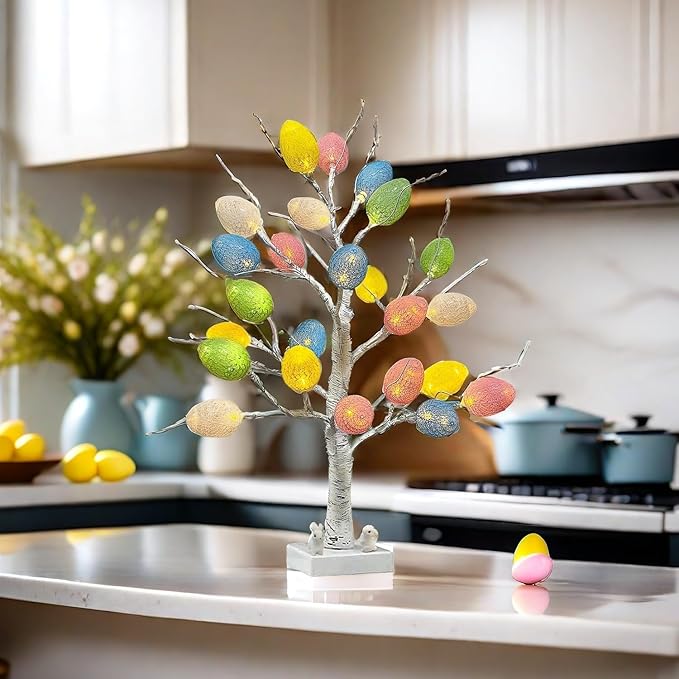 Easter Decorations,Pre-Lit Artificial Easter Egg Tree with LED Lights,2FT Lighted Birch Tree,Light up Tree Lamp for Spring Holiday Tabletop Decor