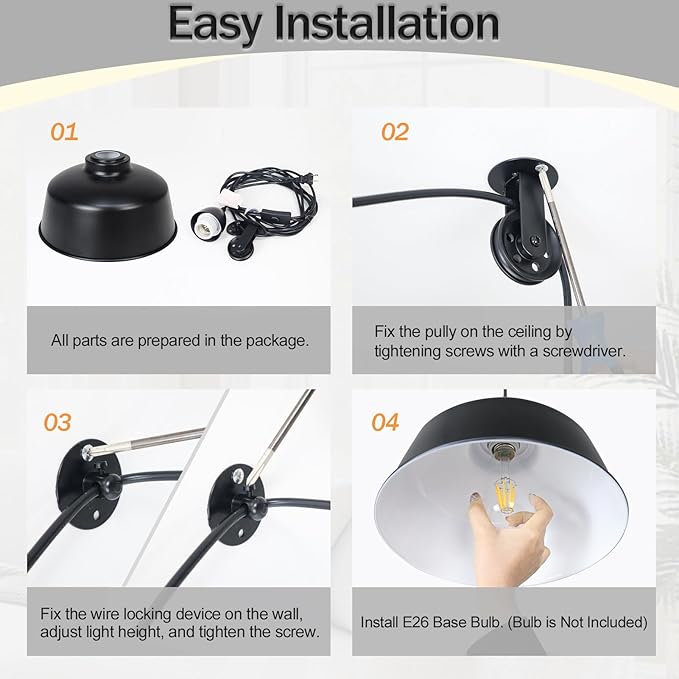 Plug in Pendant Light, Farmhouse Hanging Lights with Plug in Cord, Pulley Hanging Lamp, Black Industrial Pendant Lights Fixture for Kitchen Island, Bedroom, Dining Room, Living Room, Office