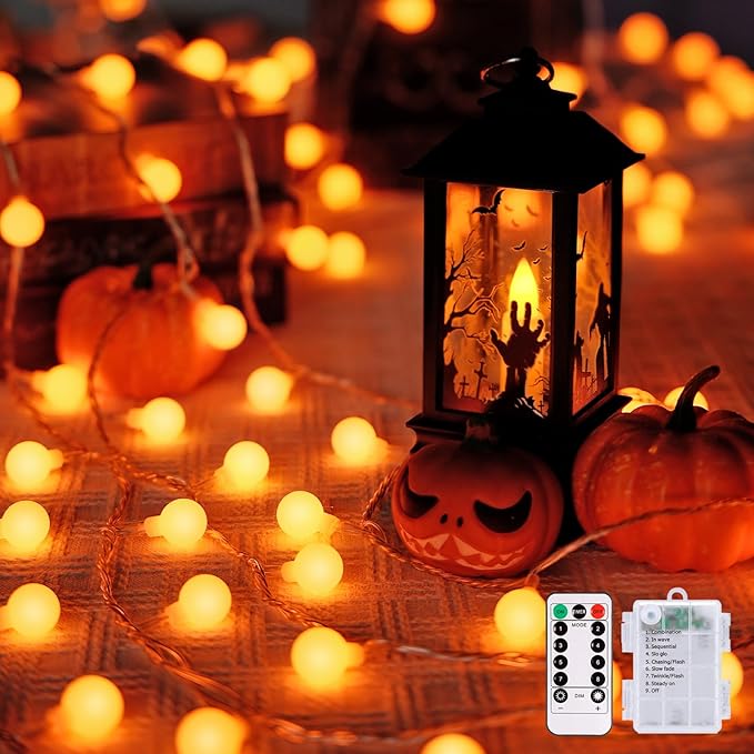 JMEXSUSS 100 LED Orange Globe String Lights Battery Operated, 33ft 8 Modes Indoor Christmas Lights with Remote, Battery Powered Fairy Lights Outdoor for Room Bedroom Party Patio Yard Decor
