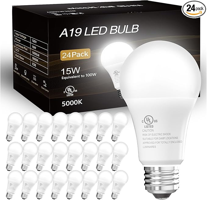 dalattin 24 Pack LED Bulbs Daylight White 5000K, 100 Watt Equivalent A19 Standard Bulbs, E26 Base, 1500 LM, Efficient 15W Energy Saving, Non-Dimmable, 80+ CRI, 120V, UL Listed, for Living Room, Office
