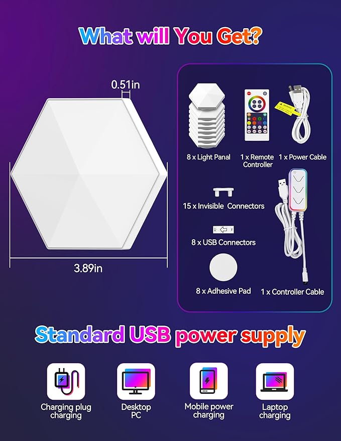 TECKNET Hexagon Light Panel - 8 Pack Smart APP RGB Hexagon LED Lights Wall Lights with Remote Control & Music Sync for Halloween Decor, Gaming Decor