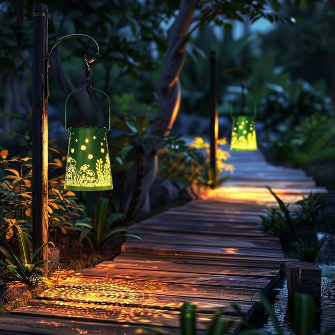 Homemory Solar Lanterns Easter Rabbit Lights Outdoor Waterproof Garden Decor Women Gifts for Birthday, LED Hanging Solar Lights Metal Lantern Decoration Outside for Yard, Patio, Backyard, Porch, Lawn