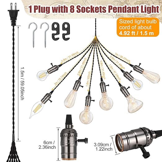 1 Pcs Vintage Pendant Light Sockets Light Cord Kit with Switches DIY Bulb Socket with Cord for E26 E27 Lamp Socket Lantern Bedroom Living Room Decor (1 Plug with 8 Sockets,Black)