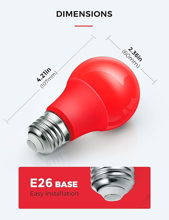 L LOHAS LED Red LED Light Bulbs, A19 9W (60W Equivalent) Christmas Red Colored Light Bulb Indoor, E26 Base, Non-Dim, 2 Pack