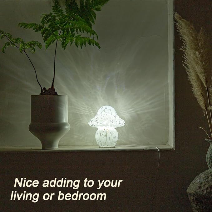 Mushroom Lamp Glass Mushroom Table Lamp for Bedrooms, Living Room, Aesthetic Lamps for Bedroom, Cute Bedside Lamp（White Dot）