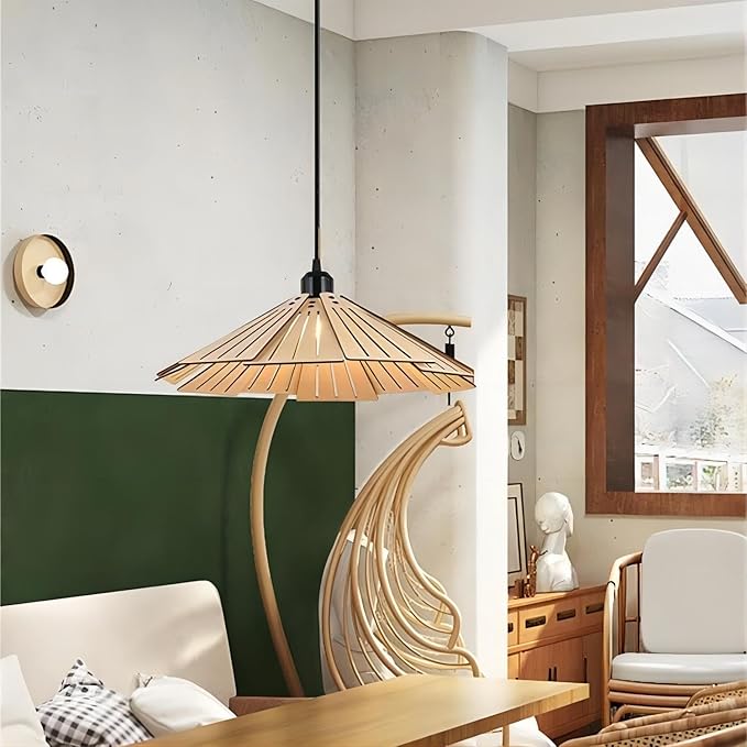 LIGHTLAND 16 Inch Wabi-Sabi Style Pendant Light, Wooden Hanging Light with Adjustable Hanging Length, Hanging Lamp for Bedroom, Dining Room, Bar - Hollowed, Wood Color, Pack of 1