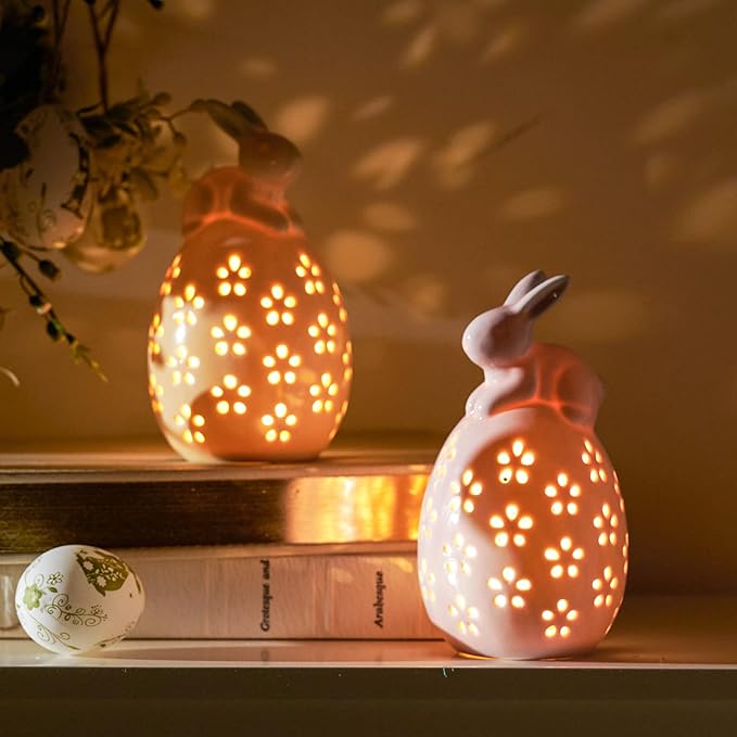 WDS WONDROUS Light Up Easter Decorations Bunny and Egg Figurines Set, LED Pink & Yellow Easter Spring Home Decor, Ceramic Rabbit Egg Sculpture for Farmhouse Tabletop Centerpiece Wedding Gifts 2PCS