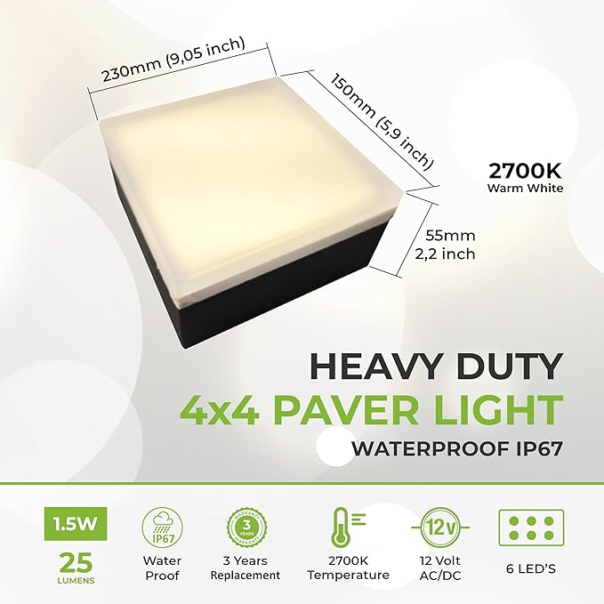 LUMENGY Paver Light 4x4 Inch (3.93x3.93), 5000K Daylight, Glare-Free Brick Lighting for Driveways, Walkways, Pool Decks and Patios, 12V Hardwired, IP67 Waterproof, Drive-Over Rated