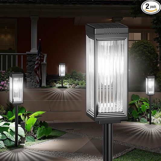 Solar Pathway Lights Outdoor, 2 Pack Upgraded Solar Lights Outdoor Waterproof, Bright Up to 15 Hrs Auto On/Off Garden Light for Yard Patio Lawn Path Walkway Driveway Outside Decor(Cool White)