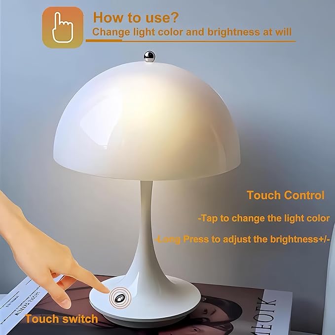 Flower Bud Lamp Modern Flowerpot Cordless Mushroom Touch Table Lamp 3 Mode Dimmable Rechargeable Desk Lamp,Night Light for Bedroom (White)