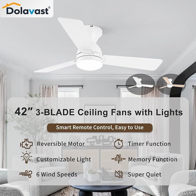 Ceiling Fans with Lights and Remote, 42 Inch Ceiling Fan with Light, Low Profile, Reversible, Dimmable LED, Flush Mount, Quiet, DC Motor, White Ceiling Fan for Bedroom, Kitchen, Dining Room