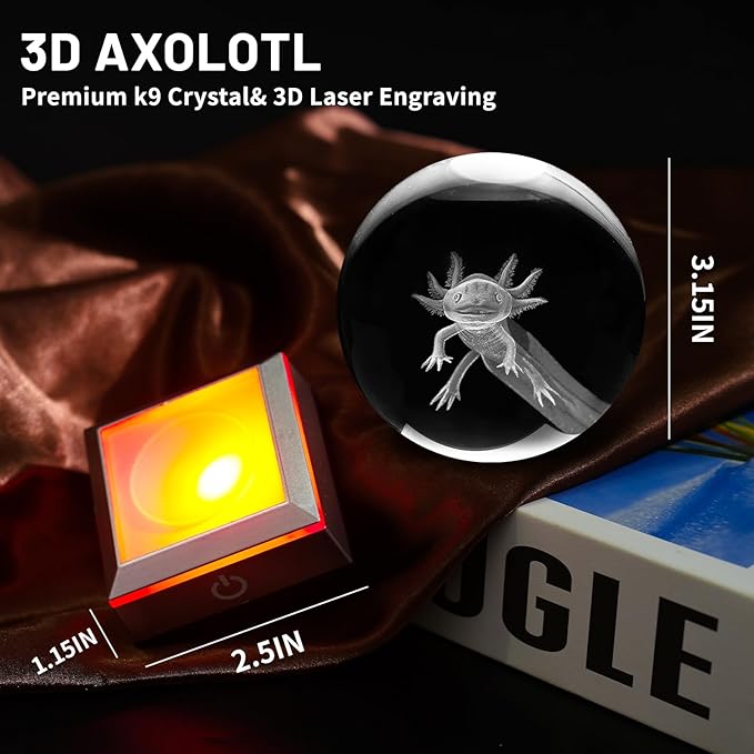 3D Axolotl Crystal Ball Night Light With LED Colorful Touch Base - 3.15 Inch Glass Ball Lamp for Birthday, Christmas - Cool Toy Gifts for Boys Girls Kids - Axolotl Figurines Home Decor