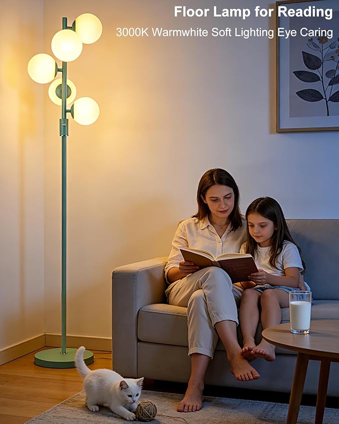 Lightdot Dimmable Globe Floor Lamp Mid Century Modern Floor Lamp with 5Pcs 3000K G9 Bulbs Stepless Brightness Adjustable Green Standing Lamps with Stable Base for Living Room Bedroom Office