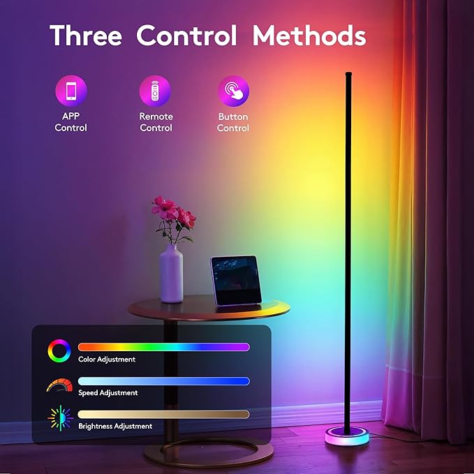 59" Smart LED Corner Floor Lamp, RGBICW Color Changing Ambient Lighting, App Control Music Sync Mood Light, Modern Dimmable Room Decor for Bedroom, Living Room, Gaming Setup, Black