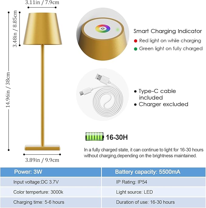 2-Pack LED Cordless Table Lamp with RGB & Stepless Dimming, 3W 5000mAh Rechargeable Desk Lamps Battery Operated Table Light Stepless Dimmable Portable Table Lamp for Table/Bedroom/Outdoor (Gold)