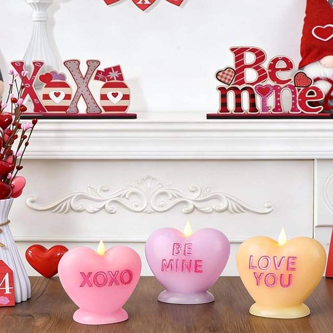 3 Pack Valentine's Day Candles Heart Candle Flameless Candles Flickering Battery Operated LED Heart Shaped Candles with Realistic Warm Flame Effect Romantic Decor for Wedding Anniversary