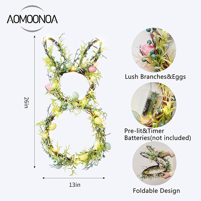 [Timer] Easter Bunny Wreath for Front Door, Lighted Easter Wreaths with 30 LED Warm Lights, Foldable Bunny Wreaths, Pre-Lit Easter Egg Wreath for Spring Decor