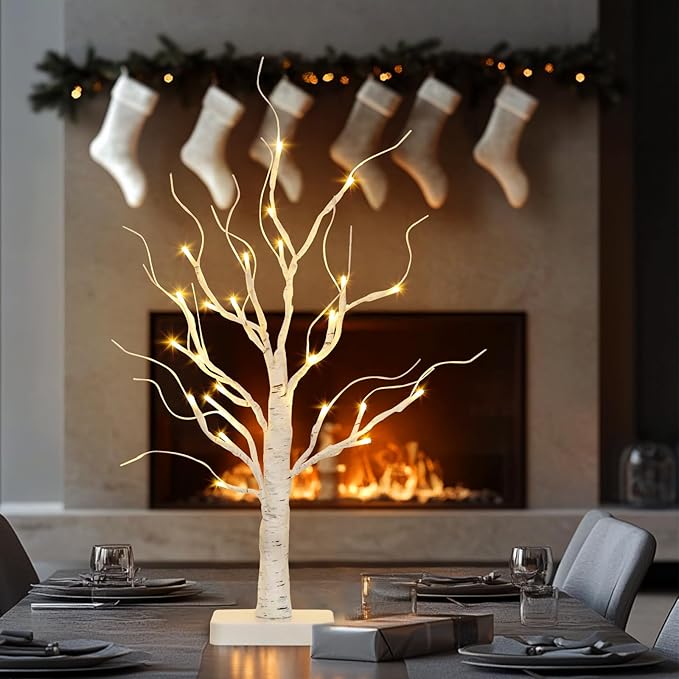 EAMBRITE Birch Tree with Led Lights, Christmas Decorations for Home Indoor with Timer, Lighted Mini Small Artificial Lamp Prelit Twig Tree Battery Operated for Xmas Table Centerpiece Party Decor