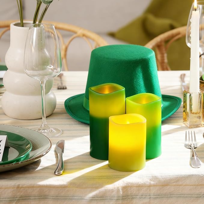 VIHOSE St. Patrick's Day Flameless Candles Battery Operated Flameless Pillar Candles Real Wax Fake Candle with Remote and Timer Flickering for St. Patrick's Easter Gift Home Party