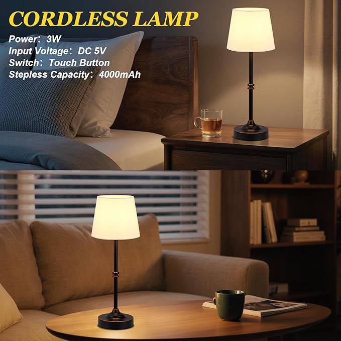 Kakanuo Rechargeable Cordless Table Lamp Bronze - 1 Pack 4000mAh Battery Operated Lamp, Touch Control Stepless Dimming, for Home Decor, Dining Table, Living Room, Bedroom