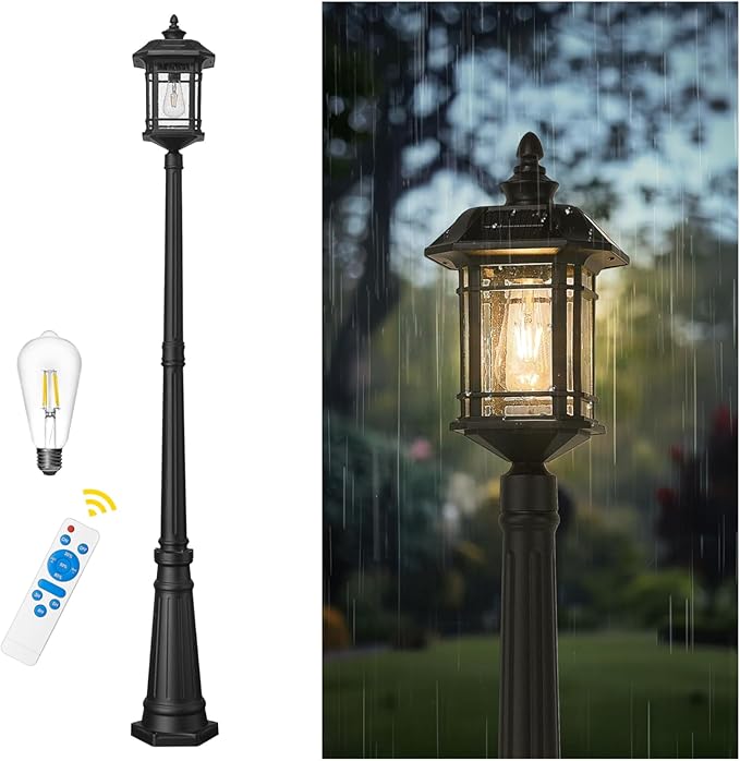 Emliviar 82" Solar Street Lamp Outdoor, LED Dusk to Dawn Pole Solar Light with Remote Control, Waterproof Post Lighting with Seeded Glass, A2202110PL-SL BK
