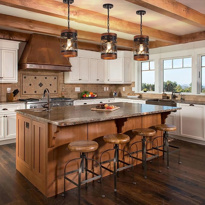 Rustic Deer Pendant Light, 1-Light Farmhouse Wood and Metal Cage Chandelier, Adjustable Hanging Ceiling Fixture for Kitchen Island, Hallway, Bar, Dining Room, Foyer, or Bedroom, (No Bulb Included)