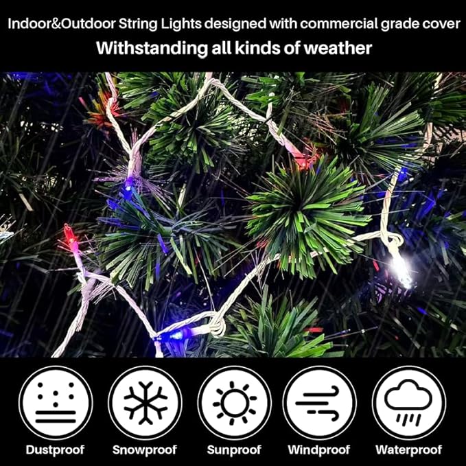 LAMPHOME 50 LED Outdoor Red White Blue Patriotic Lights, 16 FT Mini String Light with 9 Modes & 6 Hour Timer, Waterproof Battery Operated for Independence Day Holiday Memorial Day Party Decor