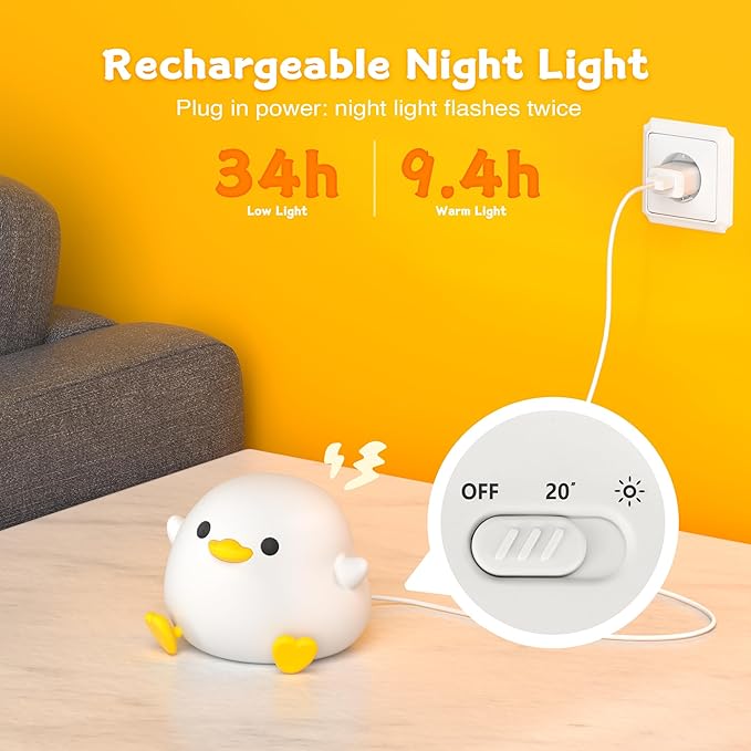 Duck Night Light, LED Cute Silicone Nursery Nightlight for Kids, DoDo Duck lamp Rechargeable Touch Bedside Lamp with 20 Minutes Timer for Breastfeeding, Funny Decor, Xmas Birthday Gifts
