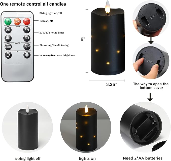 Lezonic Black Flameless Waterproof Outdoor Candles with Remote, 4Pcs Battery Operated Candles LED Flickering Dancing Flame, Built-in String Lights for Halloween Patio Room Decor, 3.25" x 6"