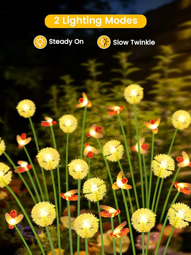 Solar Garden Lights Outdoor (10 Pack 80 LED), Solar Swaying Dandelion Bee Lights Waterproof, Cute Flower Pathway Lights for Yard Lawn Patio Decorations, 2 modes (Steady on, Slow Twinkle), Warm White