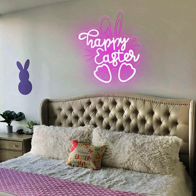 Easter Neon Sign for Wall Decor Rabbit Happy Easter LED Neon Light Window USB Powered for Wall Room Gift Party Decoration