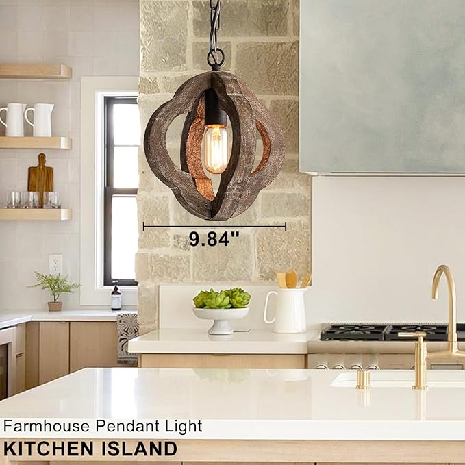 9.84" Modern Farmhouse Wood Pendant Lights Kitchen Island 1-Light Orb Distressed Oak Pendant Light Rustic Ceiling Hanging Light for Kitchen Sink Dining Room Hallway Entryway Foyer Adjustable Chain E26
